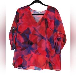 Chaus‎ NY Womens Red Purple Blouse Top Size M High Low Popover Roll Tab Chiffon